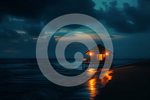 Secluded overwater bungalow with lights at twilight on the ocean. Landscape photography with serene sunset and