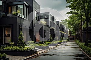 Secluded Private black townhouses. Generate Ai