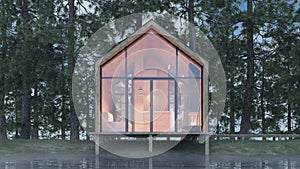 Secluded tiny house on the sandy shore of a lake with fog in a coniferous forest in cold cloudy lighting with warm light from the