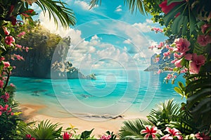 Secluded Tropical Beach with Floral Frame