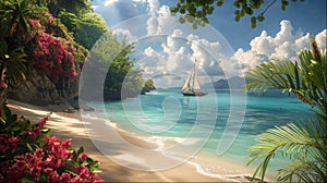 Secluded Tropical Beach with Floral Frame