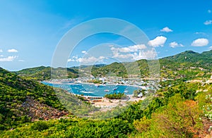 Secluded tropical coast line turquoise transparent water palm trees, undeveloped bay Quy Nhon Nha Trang, Vietnam central coast