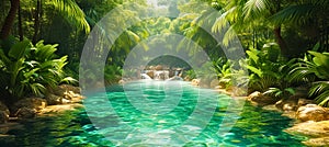Secluded Waterfall Oasis in a Dense Tropical Forest. Tropical resort natural pool