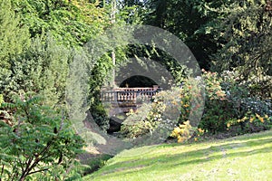 Seclusion with bridge in garden of Buchlovice castle