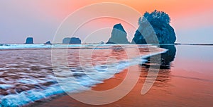 Second Beach sunset threw forest fire smoke in La Push, Washington state, Olympic coast