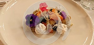 second dish of vegetables with rosemary meringues photo