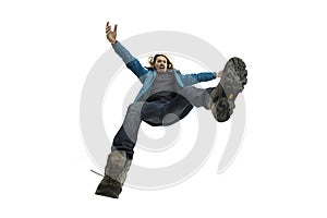 A second before falling - young man falling down with bright emotions and expression