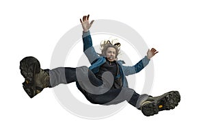 A second before falling - young man falling down with bright emotions and expression