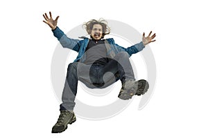 A second before falling - young man falling down with bright emotions and expression