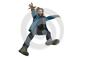 A second before falling - young man falling down with bright emotions and expression