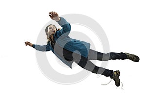 A second before falling - young man falling down with bright emotions and expression