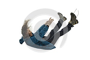 A second before falling - young man falling down with bright emotions and expression