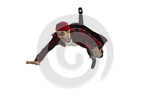 A second before falling - young man falling down with bright emotions and expression