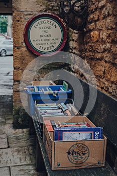 Second hand books on sale outside Evergreen bookshop in Stow-on-the-Wold, Cotswolds, UK