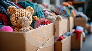 Second hand clothes and a teddy bear in a caton box. Concept of help, support, ecology. AI Generative