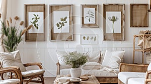 In the second image a series of wooden frames hang on the wall showcasing pressed botanical specimens such as dried
