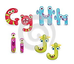 Second set of monster letters on white background. Colourful alphabet of different cute monsters.