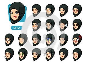 The second set of muslim woman in black hijab cartoon avatars