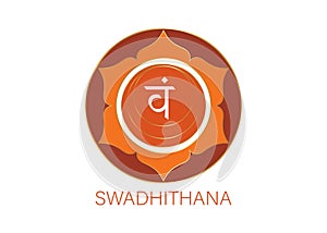 Second Swadhisthana chakra with the Hindu Sanskrit seed mantra Vam. Orange is a flat design style symbol for meditation, yoga