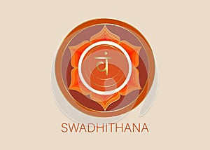 Second Swadhisthana chakra with the Hindu Sanskrit seed mantra Vam. Orange is a flat design style symbol for meditation, yoga sign