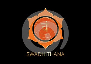 Second Swadhisthana chakra with the Hindu Sanskrit seed mantra Vam. Orange and Gold  flat design style symbol for meditation, yoga