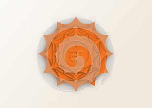 Second Swadhisthana chakra with the Hindu Sanskrit seed mantra Vam. Orange and Gold paper cut design style, lotus flower symbol