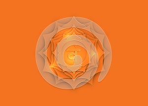 Second Swadhisthana chakra with the Hindu Sanskrit seed mantra Vam. Orange and Gold paper cut design style, lotus flower symbol