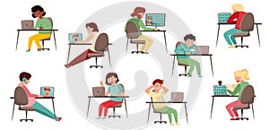 Secondary School Student Sitting at Desk in Front of Laptop Vector Set