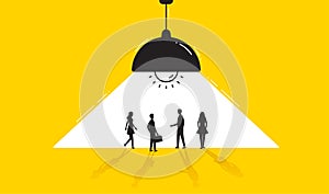 Secret business team meeting. People silhouettes under ceiling lamp light. Private confidential talk. Vector