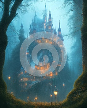 Secret castle in the forest. Night, lights and mystery