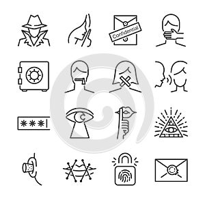 Secret and confidential vector line icon set. Included the icons as secret, lock, whisper, shut up and more.