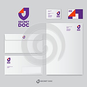 Secret Doc logo. Shield with folded corner as paper document. Identity. Business papers templates.