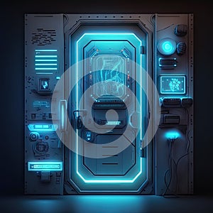 Secret door and undiscovered reality inside. Mystery, enigma, modern technologies. Futuristic door with blue neon lights