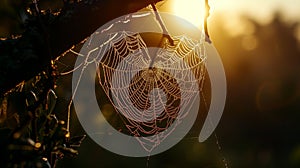 A secret garden at dawn, where dew-kissed spider webs converge to form an intricately woven heart, capturing the first light of