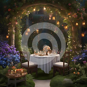 A secret garden with edible flowers and a hidden feast beneath a blooming, candied tree1