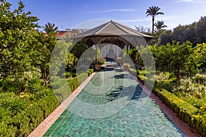 The Secret Gardens with beautiful buildings and plants in Marrakesh Morocco