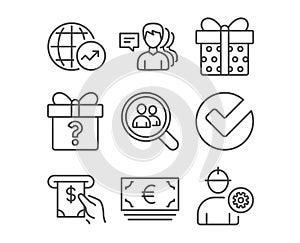 Secret gift, Search employees and Verify icons. World statistics, Atm service and Euro currency signs.