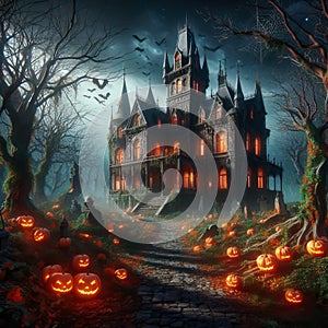 Secret Halloween party: a decorated castle-house and numerous pumpkins