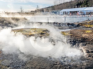 Secret lagoon hot spring in Fludir, Iceland