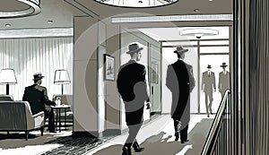 Secret men in black agents in the hotel lobby. Generative AI