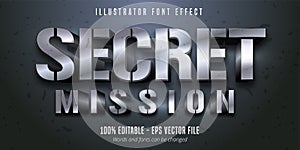 Secret Mission text, 3d silver metallic style editable font effect