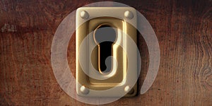 Gold keyhole, wood background, banner. 3d illustration