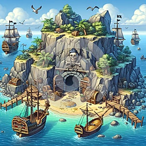 A secret pirate cove hidden within a nugged coastline, with anchored ships, concealed treasure stash, cartoon, digital art