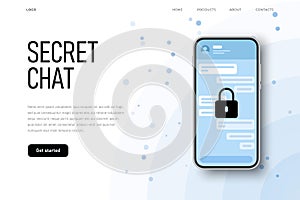 Secret protected chat illsutration with lock icon on encrypted messages. Landing page template
