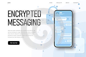 Secret protected chat illsutration with lock icon on encrypted messages. Landing page template