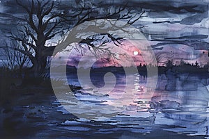Secret rendezvous at dusk, dark blues and purples, Watercolor, hand drawing