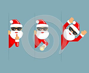 Secret santa claus flashlight peeking out corner surrender give up cartoon characters set flat design isolated vector