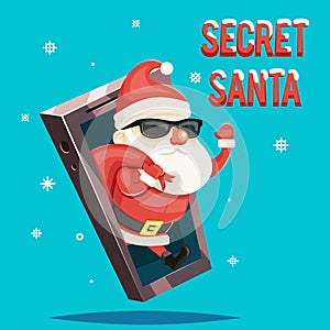 Secret santa claus gift bag christmas new year greating card mobile smartphone cartoon design vector illustration