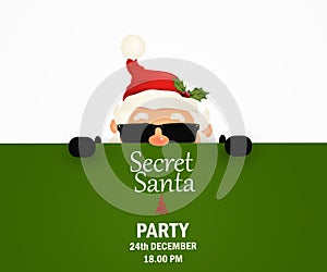 Secret Santa Claus invitation background standing behind a blank sign, showing on big blank sign. Cartoon Santa Claus