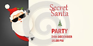 Secret Santa Claus invitation background standing behind a blank sign, showing on big blank sign. Cartoon Santa Claus